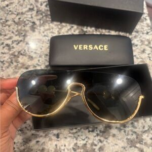 Versace Men’s Gold Frame Black Shield Sunglasses
